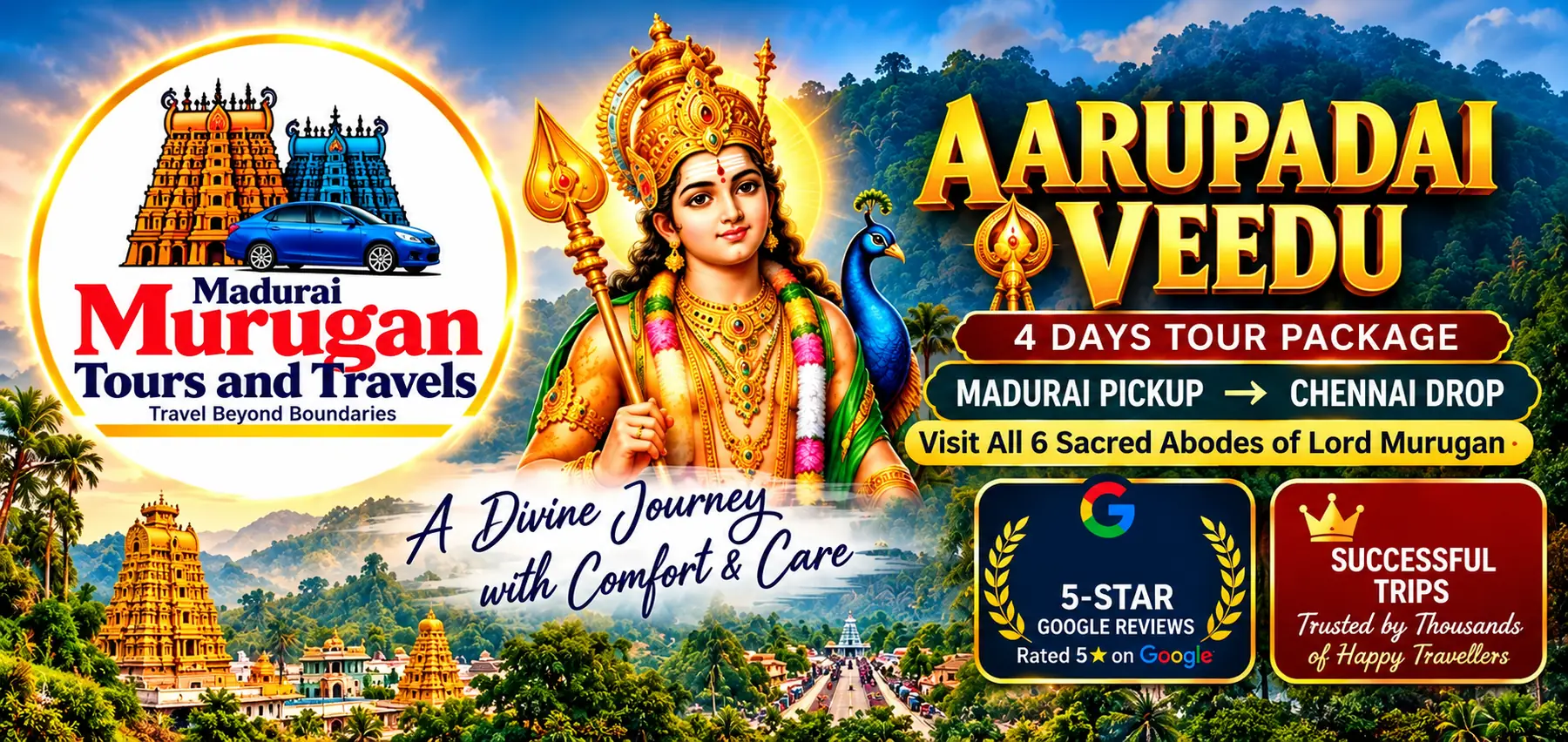 Aarupadai Veedu tour package — Lord Murugan, 4 days tour, Madurai pickup to Chennai drop, visit all 6 sacred abodes