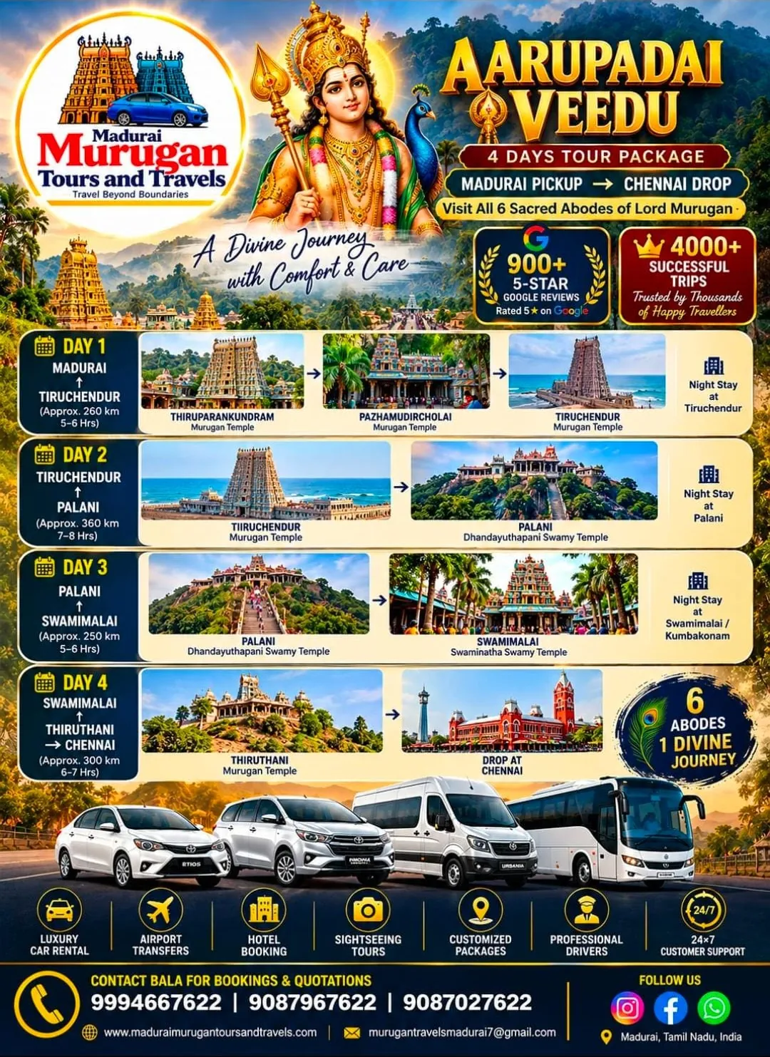 Aarupadai Veedu 4 days tour package itinerary — Thiruparankundram, Pazhamudircholai, Tiruchendur, Palani, Swamimalai, Thiruthani, drop at Chennai