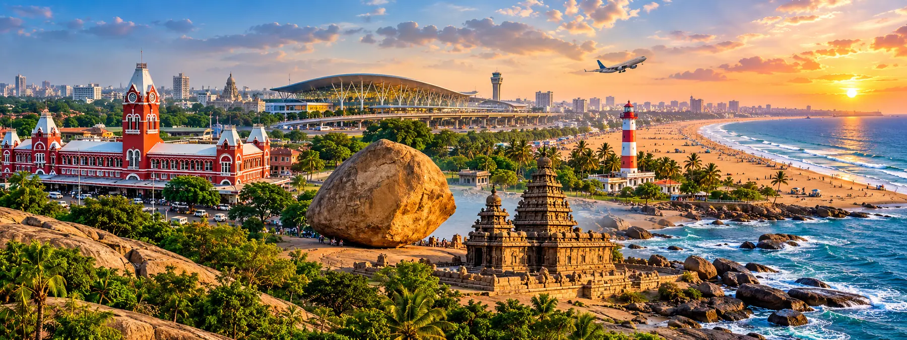 Chennai tour packages — Chennai Central, Chennai airport, Marina Beach lighthouse, Mahabalipuram Shore Temple and Krishna's Butter Ball