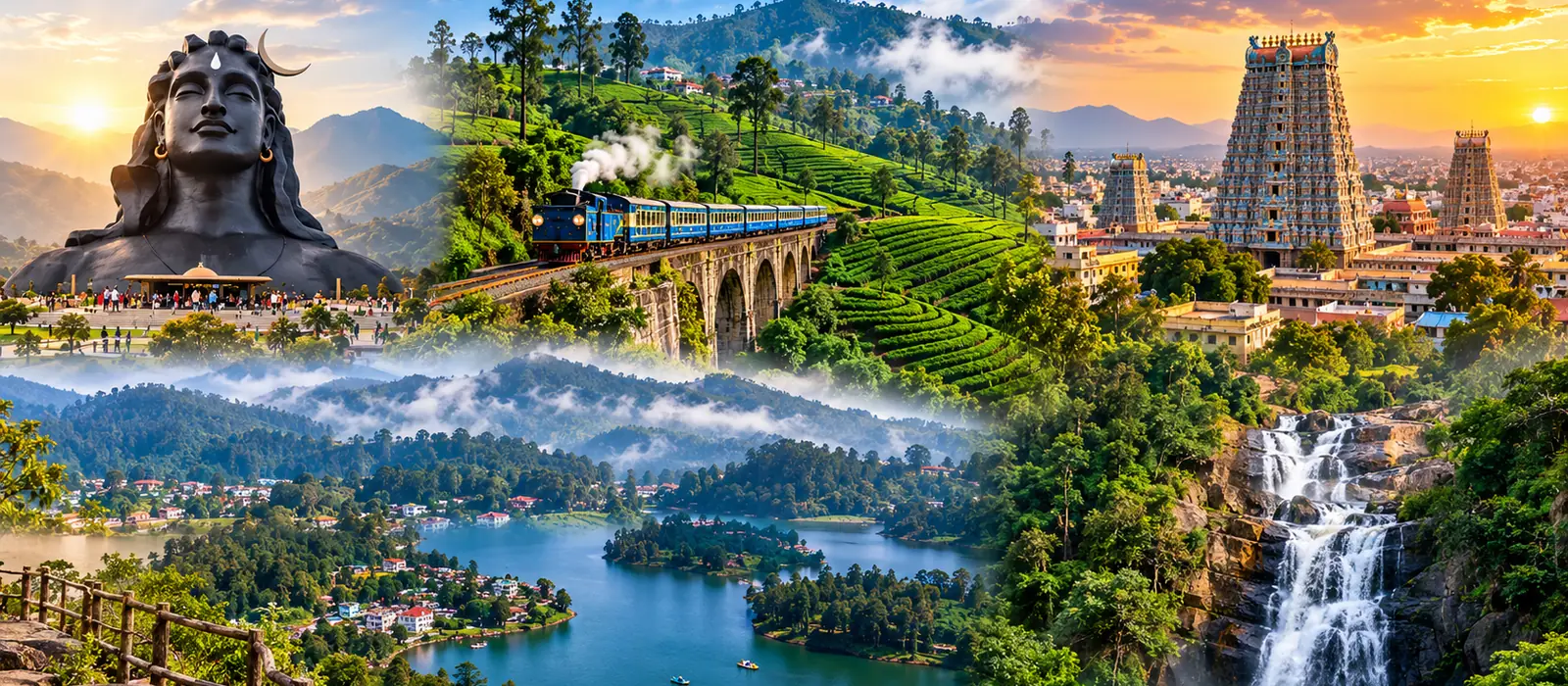 Coimbatore Ooty Kodaikanal Madurai tour package — Adiyogi, Nilgiri toy train, Kodaikanal lake, hill waterfall and Meenakshi Temple