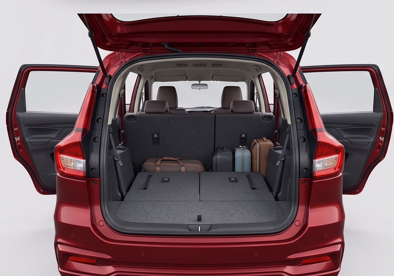 Ertiga open boot showing luggage space for family trips
