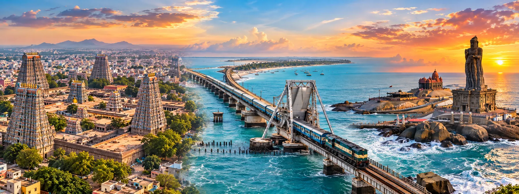 Madurai Rameshwaram Kanyakumari tour package — Meenakshi Temple, Pamban Bridge, Vivekananda Rock and Thiruvalluvar Statue