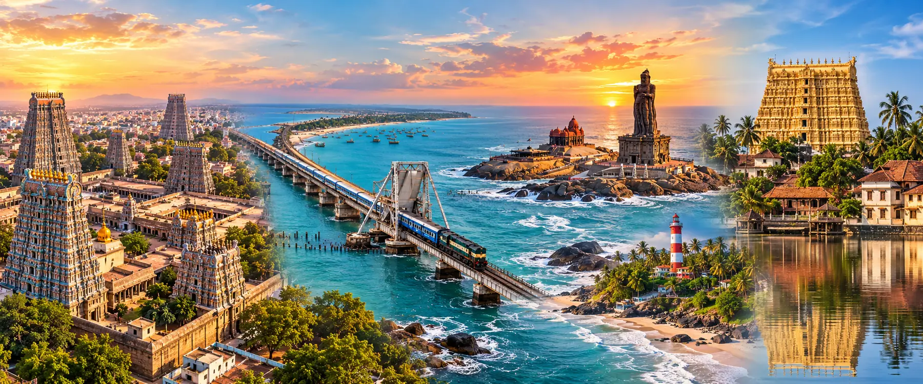 Madurai Rameshwaram Kanyakumari Trivandrum tour package — Meenakshi Temple, Pamban Bridge, Kanyakumari and Sree Padmanabhaswamy Temple