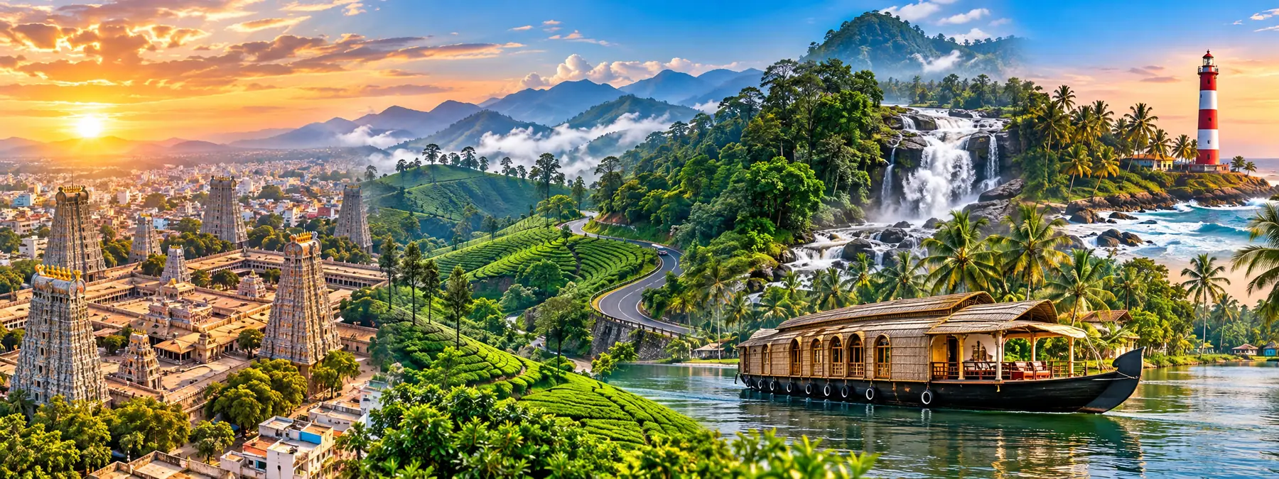Madurai to Kerala tour package — Meenakshi Temple, Munnar tea hills, Kerala waterfall, Alleppey houseboat and Kovalam lighthouse