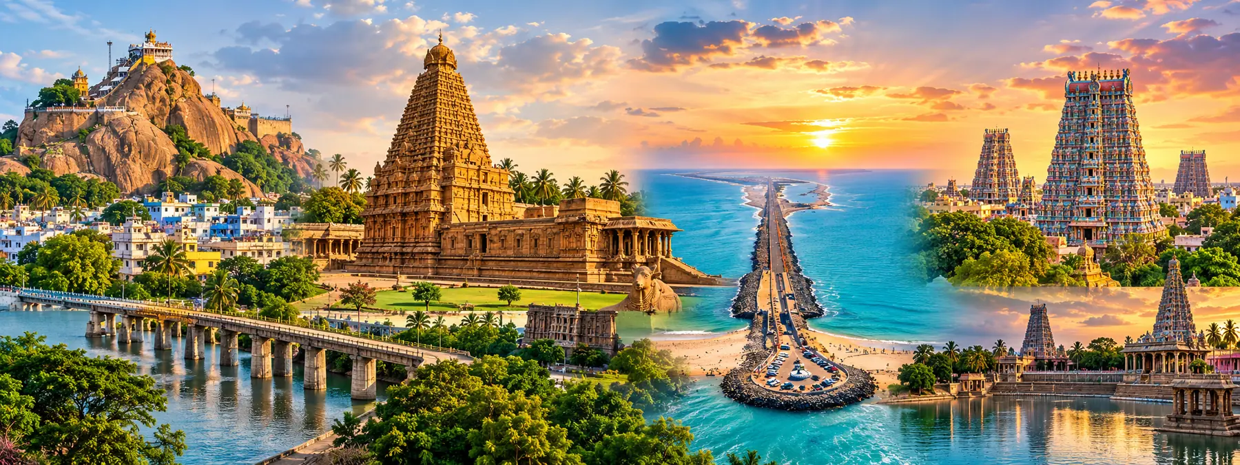 Trichy Tanjore Rameshwaram tour package — Trichy Rockfort, Thanjavur Big Temple, Rameshwaram coast and Madurai Meenakshi Temple