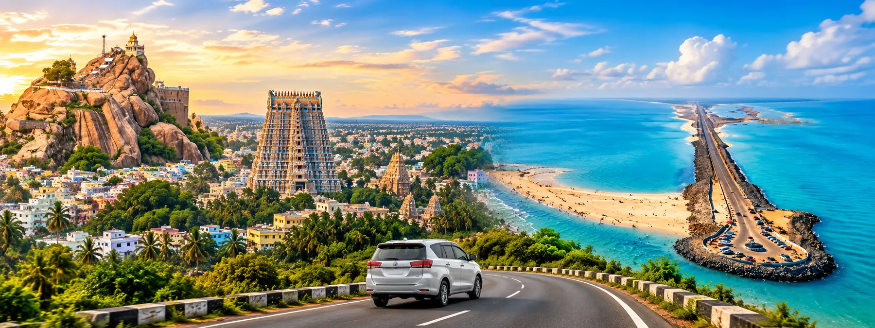 Trichy to Rameshwaram taxi — cab on the road from Trichy Rockfort to Rameshwaram and the Dhanushkodi coast